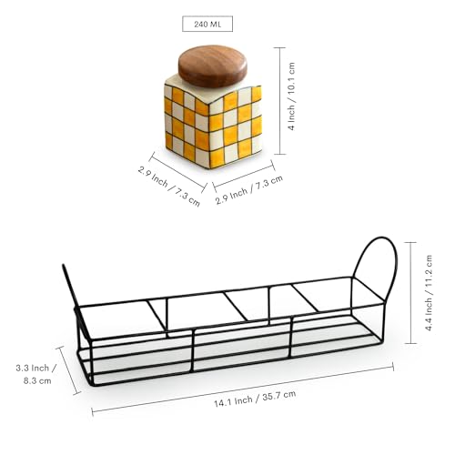 Image 7 of ExclusiveLane Shatranj Checkered Multi Utility Ceramic Jars for Kitchen Storage with Iron Holder Set of 4 240 ml