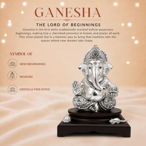 Image 3 of Dev Aastha Silver-Plated Lord Ganesha Idol with Modak & Mushak - Large
