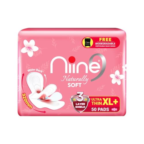 Image 1 of 50 Count (Pack of 1) for the product Niine Naturally Soft Ultra Thin XL+ Sanitary Napkins |320mm Long|Cottony Soft Control Rashes|Long Lasting protection |Suitable for Heavy Flow with Free Biodegradable Disposal Bags (Pack of 1) 50 Pads