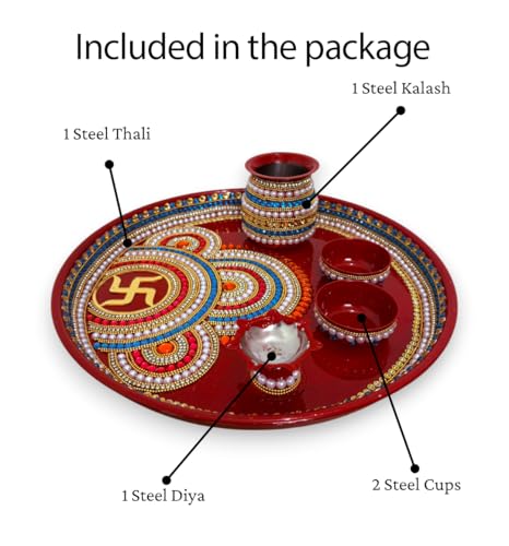 Image 3 of RIA Studio Traditional Swastik Pooja Thali Set 12-Inch Stainless Steel Prayer Plate with Kundan Decoration 5-Piece Hindu Worship Kit