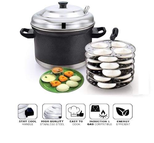 Image 4 of Klassi Kichen Stainless Steel Idli Cooker with 6 Plates | Heavy Duty Idli Maker with Bakelite Handle | Gas Stove & Induction Compatible | Steamer for Idli, Dhokla & Modak | Kitchen Cooking Accessories
