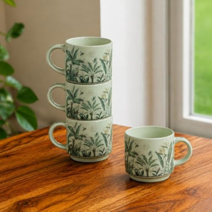 Image 1 of Default Title for the product ExclusiveLane Jungle Brew Decal Ceramic Tea Cups Set of 4 200 ml