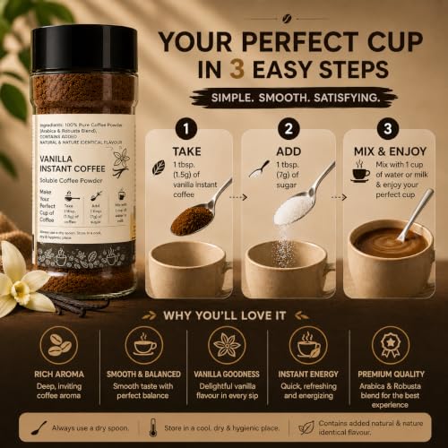Image 6 of EVORA Greens 100gm Instant Coffee Powder | Vanilla Flavour | Coffee with Arabica & Robusta Blend - Medium Roast | Make 50 Cups