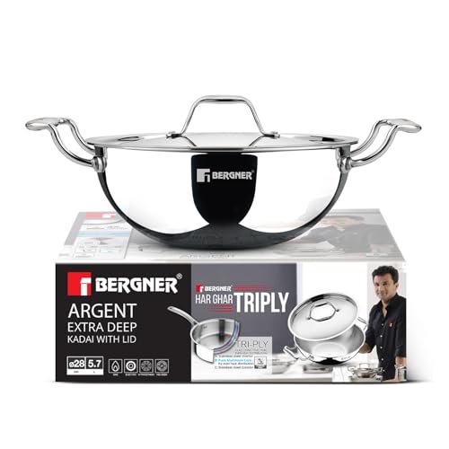 Image 5 of 28cm (5.7L) for the product BERGNER Argent Triply Deep Kadai with Stainless Steel Lid