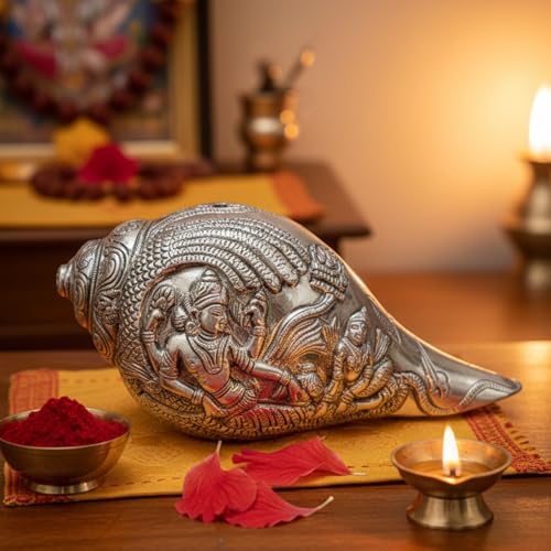 Image 5 of Dev Aastha 999 Silver Antique Vishnu Shankh, Conch Shell Shankh Blowing - Large