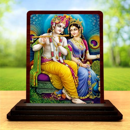 Image 2 of Radha Krishna Spiritual Art Wooden Idol 4x5 Inch HD Printed Table Decor for Home Temple