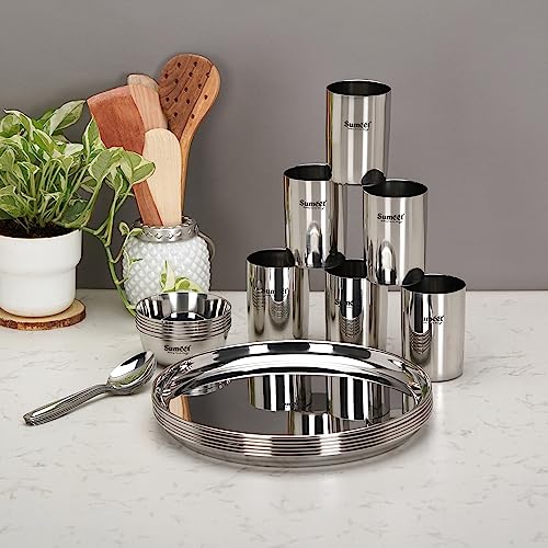 Image 5 of Sumeet Stainless Steel Solid Heavy Gauge Mirror Finish Dinner Set Of 24 Pcs (6 Plate, 6 Bowl/Wati, 6 Glass, 6 Spoon), Silver