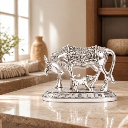 Image 4 of elaris 999 Pure Silver Plated Kamdhenu Cow Idol Showpiece – 4.9 Inch, Silver Plated