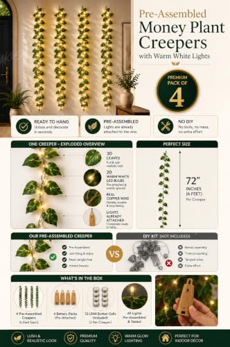 Image 3 of Divyakosh Artificial Money Plant Creepers (Pack of 4) with Warm White LED Lights (Pre-Assembled), Artificial Plants for Home Decor, Living Room, Hanging Plants, Fake Plants, Green Leaf Decoration