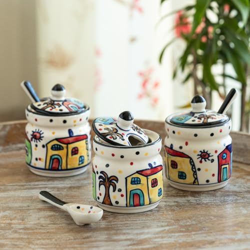 Image 1 of Default Title for the product ExclusiveLane 'The Hut' Ceramic Pickle Jars for Dining Table With Spoon (Set Of 3, Non-Airtight, 280 ml, Multi-Purpose)|Pickle Jar With Spoon Achar Jar Set Achar Container Set for Dining Table|