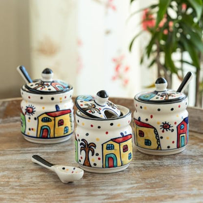 Image 1 of Default Title for the product ExclusiveLane 'The Hut' Ceramic Pickle Jars for Dining Table With Spoon (Set Of 3, Non-Airtight, 280 ml, Multi-Purpose)|Pickle Jar With Spoon Achar Jar Set Achar Container Set for Dining Table|