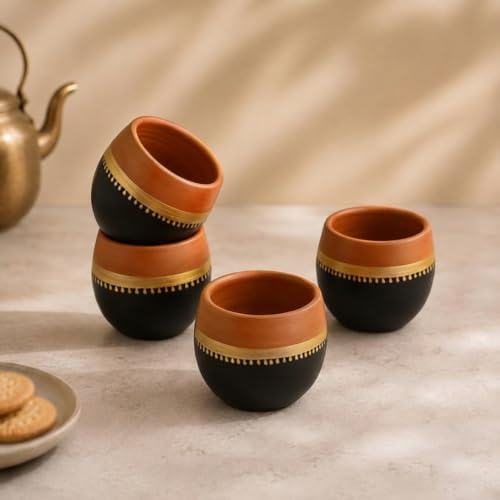 Image 1 of Default Title for the product ExclusiveLane Hand-Painted 'Terra-Sips' Kullads in Earthen Terracotta (Set of 4) - 165 Ml