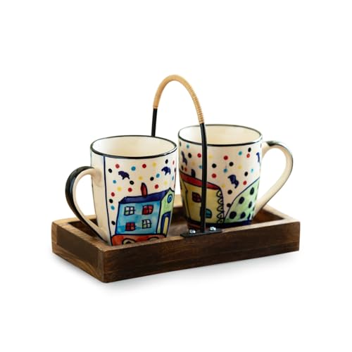 Image 2 of ExclusiveLane The Hut Ceramic Tea & Coffee Mugs with Wooden Tray Set of 2 270 ml