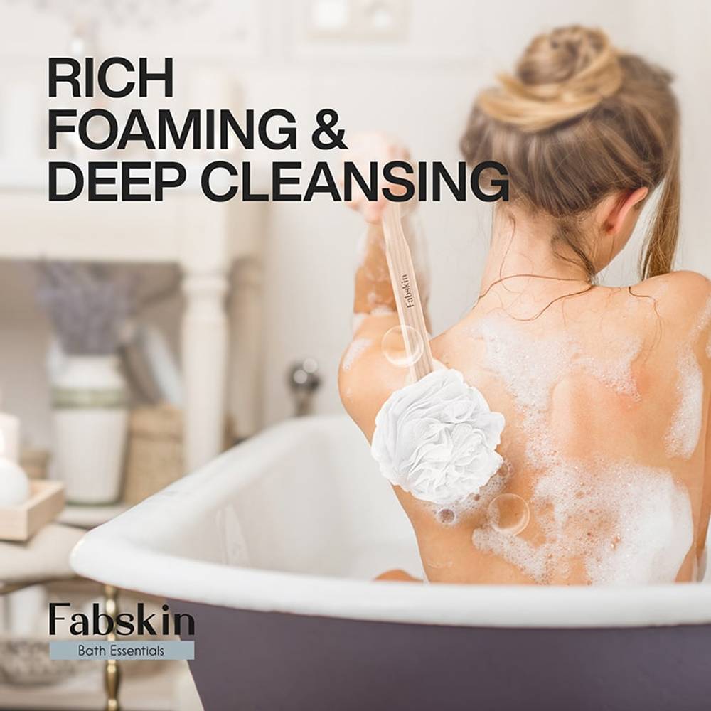 Image 4 of Fabskin Loofah Duo Pack - Bath Brush With Wooden Handle & Round Loofah - For Men & Women-White