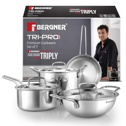 Image 1 of Default Title for the product BERGNER TriPro Triply Stainless Steel 7 Pcs Cookware Set - 20cm (1.5L) Deep Kadai, 20cm (1.2L) Sautepan, 16cm (1.7L) Saucepan, 20cm (3L) Casserole, 3 Stainless Steel Lids - Induction and Gas Ready