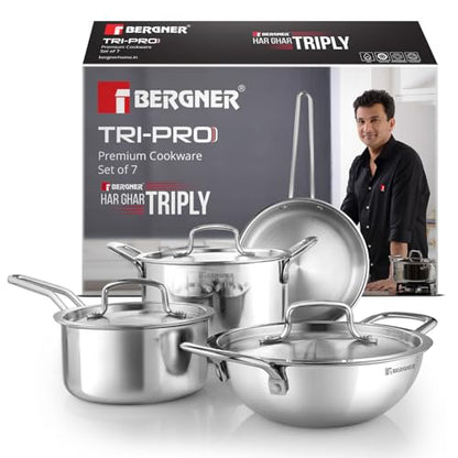 Image 1 of Default Title for the product BERGNER TriPro Triply Stainless Steel 7 Pcs Cookware Set - 20cm (1.5L) Deep Kadai, 20cm (1.2L) Sautepan, 16cm (1.7L) Saucepan, 20cm (3L) Casserole, 3 Stainless Steel Lids - Induction and Gas Ready