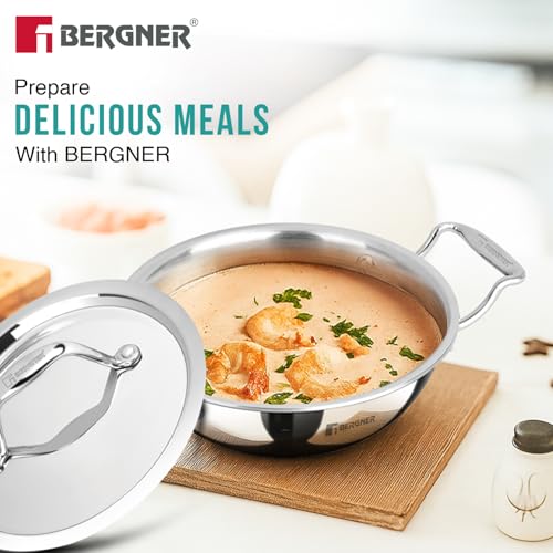 Image 7 of BERGNER Argent Junior Chef Triply Kadai with Stainless Steel Lid, 16cm (1.1 L)