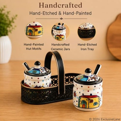 Image 2 of ExclusiveLane The Hut Ceramic Pickle Jars with Spoons & Iron Holder Set of 2 280 ml