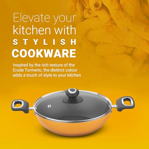 Image 5 of Preethi Dura Collection Non Stick Kadai, 26 cm, with Glass Lid, Gas & Induction Compatible, 5 Star Non Stick Effect, Turmeric Yellow