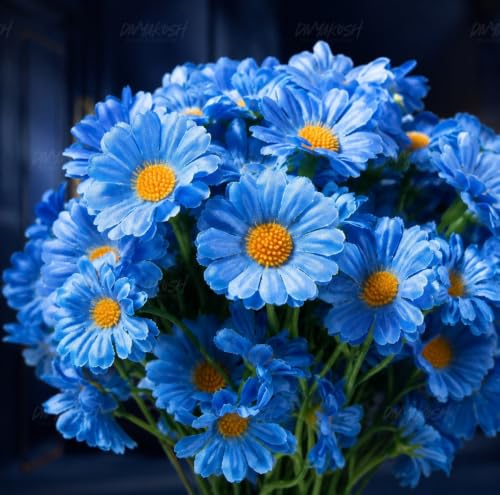 Image 2 of Divyakosh Artificial Daisy Flowers Bunch for Home Decor, Pack of 5 with 150 Blue Flowers, Faux Floral Arrangement for Vase, Living Room, Wedding, Festive & Party Decoration