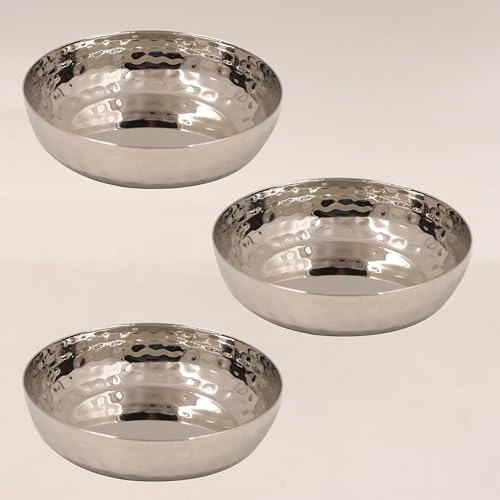 Image 1 of Default Title for the product Spillbox Stainless Steel Hammered Bowl, Quarter and Dessert Plates, Snack Plate - Mirror Finish, BPA Free (3-Piece Set)