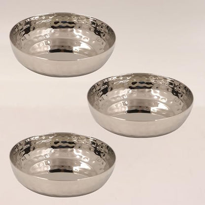 Image 1 of Default Title for the product Spillbox Stainless Steel Hammered Bowl, Quarter and Dessert Plates, Snack Plate - Mirror Finish, BPA Free (3-Piece Set)