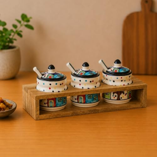 Image 1 of Default Title for the product ExclusiveLane Hut Handpainted Ceramic Pickle Jars with Spoon & Wooden Holder Set of 3 280 ML