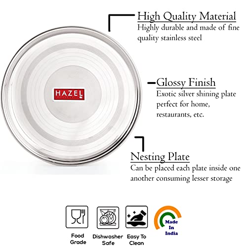 Image 3 of HAZEL Stainless Steel Plate Set for Dinner Lunch, Set of 12, 28.5 cm, Medium