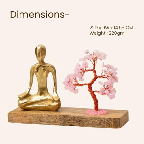Image 4 of RITUALISTIC Rose Quartz Crystal Tree Gold Meditating Figurine on Wooden Base 22×14.5 cm