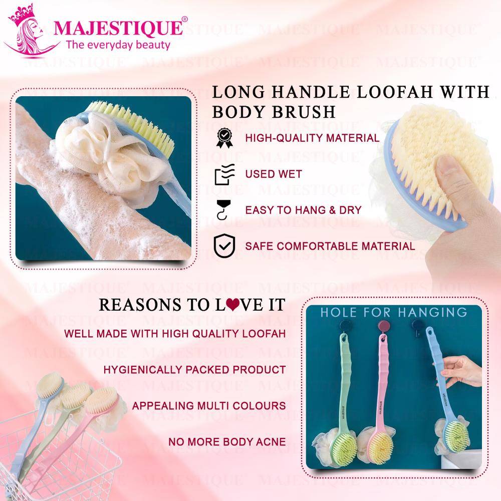 Image 5 of Majestique Bath Body Brush & Loofah, Dual-Sided Back Scrubber, Long Handle - 1Pc/Multicolour