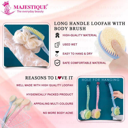 Image 5 of Majestique Bath Body Brush & Loofah, Dual-Sided Back Scrubber, Long Handle - 1Pc/Multicolour