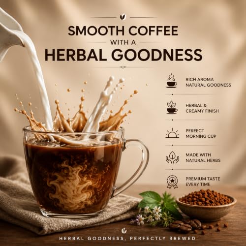 Image 2 of Evora Greens Herbal Instant Coffee | Arabica & Robusta Blend with Functional Herbs | Smooth Strong Taste | Hot & Black Coffee | Makes ~50 Cups | 100g Glass Jar