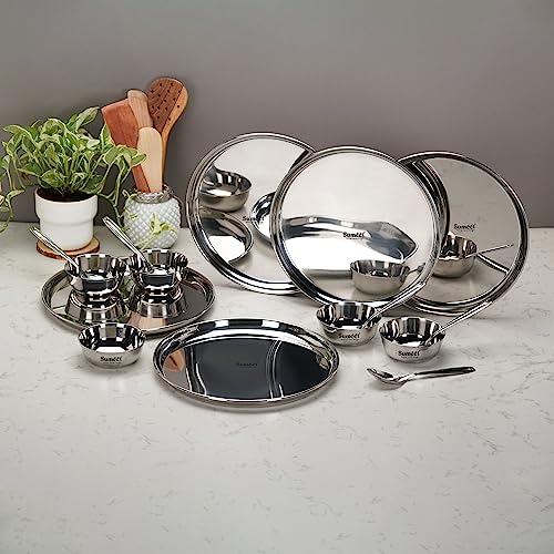 Image 5 of Sumeet Stainless Steel Heavy Gauge Mirror Finish Dinner Solid Set of 15 Pcs (5 Plate, 5 Bowl/Wati, 5 Spoon), Silver