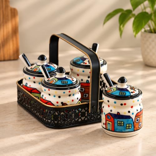 Image 1 of Default Title for the product ExclusiveLane The Hut Multi-Purpose Ceramic Pickle Jars with Iron Holder Set of 4 220 gram Each
