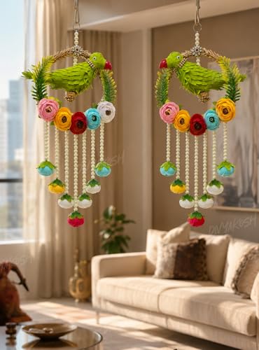 Image 5 of Divyakosh Handmade Parrot Hanging for Home Decor Set of 2 | Indian Festive Door Wall Hanging with Pearl Tassels & Floral Design| Latkan for Diwali, Wedding, Housewarming, Living Room & Balcony