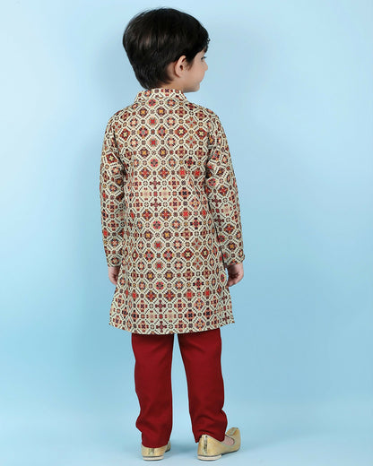 Image 2 of Joban Fashion Kids Island Cotton Full Sleeves Printed Kurta and Pyjama- Maroon