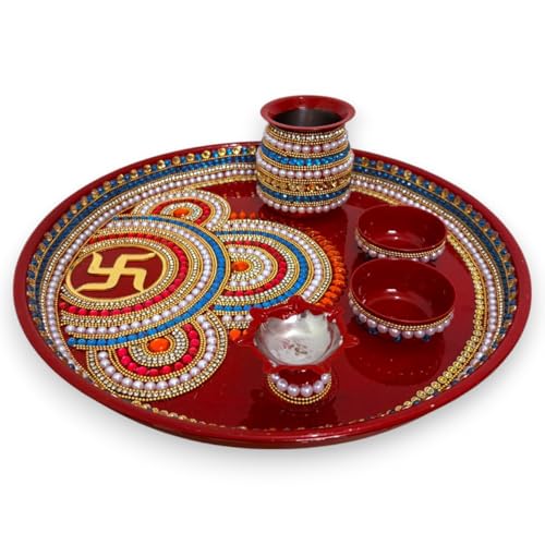 Image 1 of Default Title for the product RIA Studio Traditional Swastik Pooja Thali Set 12-Inch Stainless Steel Prayer Plate with Kundan Decoration 5-Piece Hindu Worship Kit