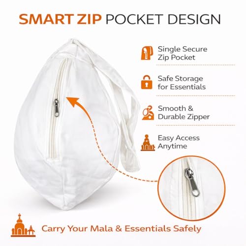 Image 6 of Original Pure Cotton Gomukhi Japa Bag with Sakshi Mala Counter & Zip Pocket | Chanting Bag for Daily Mantra Jaap (White)