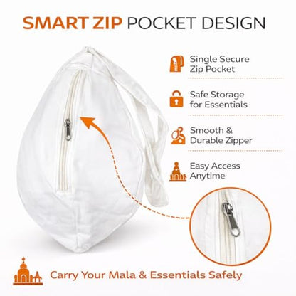 Image 6 of Original Pure Cotton Gomukhi Japa Bag with Sakshi Mala Counter & Zip Pocket | Chanting Bag for Daily Mantra Jaap (White)