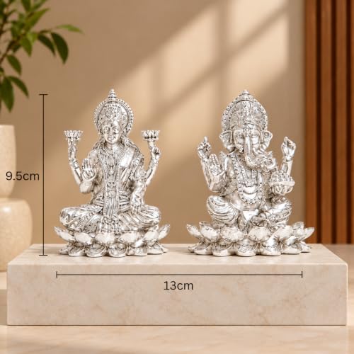 Image 3 of elaris 999 Pure Silver Plated Lakshmi Ganesha Idol on Lotus Showpiece – 5.1 Inch, Silver Plated