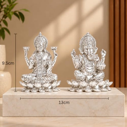 Image 3 of elaris 999 Pure Silver Plated Lakshmi Ganesha Idol on Lotus Showpiece – 5.1 Inch, Silver Plated
