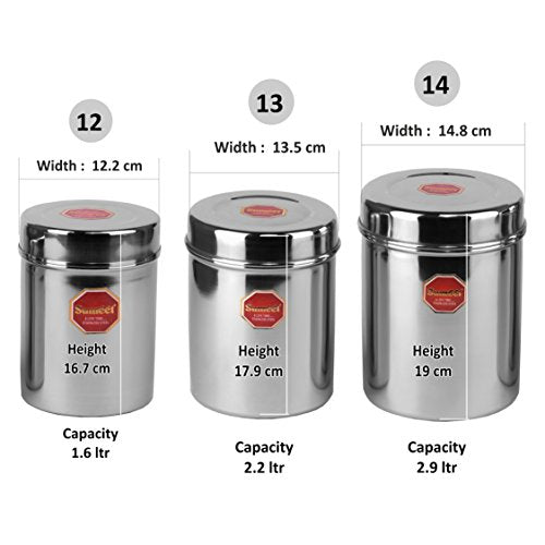 Image 5 of Sumeet Stainless Steel Vertical CanistersUbha DabbaStorage Containers Set of 3Pcs (No. 12 To No. 14) (1.6 Ltr; 2.2Ltr; 2.9Ltr), Silver