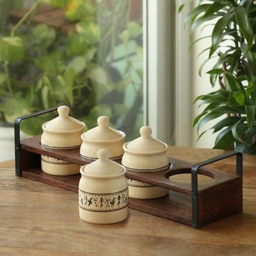 Image 1 of Default Title for the product ExclusiveLane Warli Tales Handcrafted Ceramic Pickle Jar With Wooden Tray (Set of 4, 230 ML)
