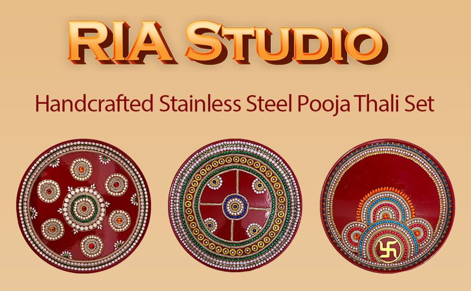 Image 7 of Royal Indian Art Kundan Decor Stainless Steel Pooja Thali Set, 12 Inches
