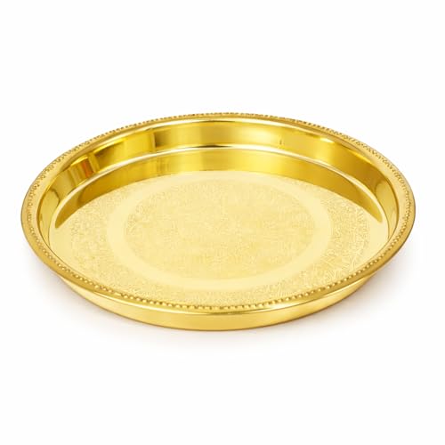 Image 3 of Spillbox Brass Pooja Thali For Mandir Traditional Pital Puja Engraved Aarti Thali -9 Inch-Petal Plate