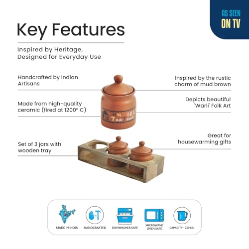 Image 4 of ExclusiveLane Warli Village Tales Handcrafted Ceramic Pickle Jar Set of 3 with Wooden Tray 250 ML