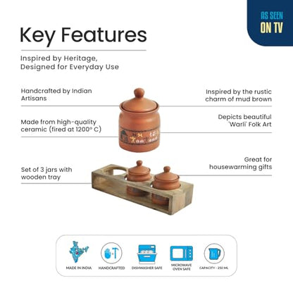 Image 4 of ExclusiveLane Warli Village Tales Handcrafted Ceramic Pickle Jar Set of 3 with Wooden Tray 250 ML