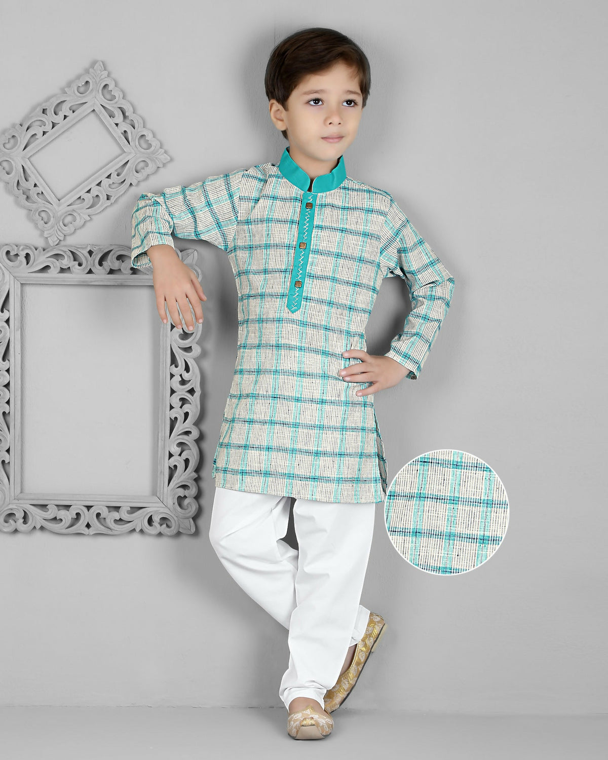Image 1 of Joban Fashion Kids Island Cotton Full Sleeves Striped Kurta and Pyjama- Teal Blue