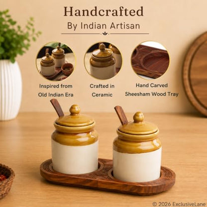 Image 2 of ExclusiveLane Old-Fashioned Ceramic Pickle Jars with Spoons & Tray 230 ml