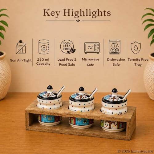 Image 5 of ExclusiveLane Hut Handpainted Ceramic Pickle Jars with Spoon & Wooden Holder Set of 3 280 ML